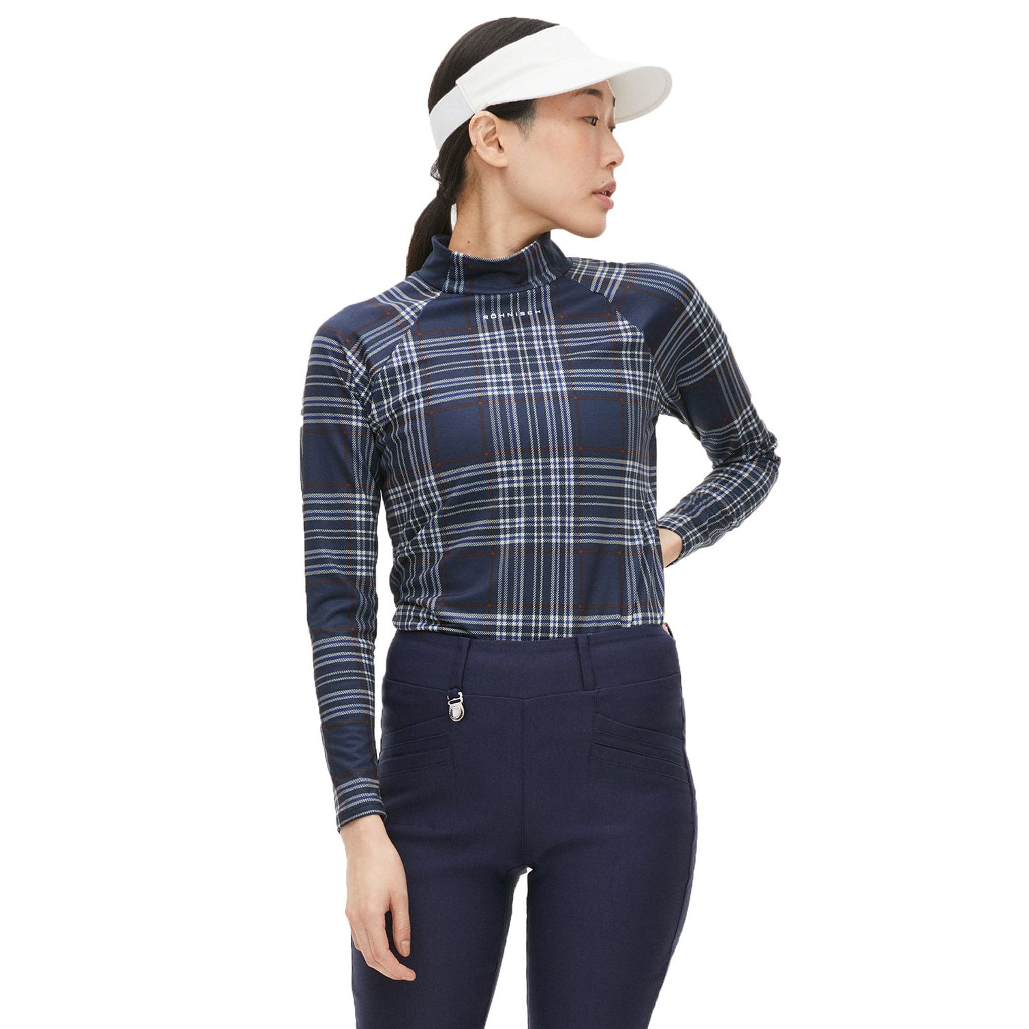 Polo de golf à manches longues Röhnisch Elle à carreaux bleu marine pour femme