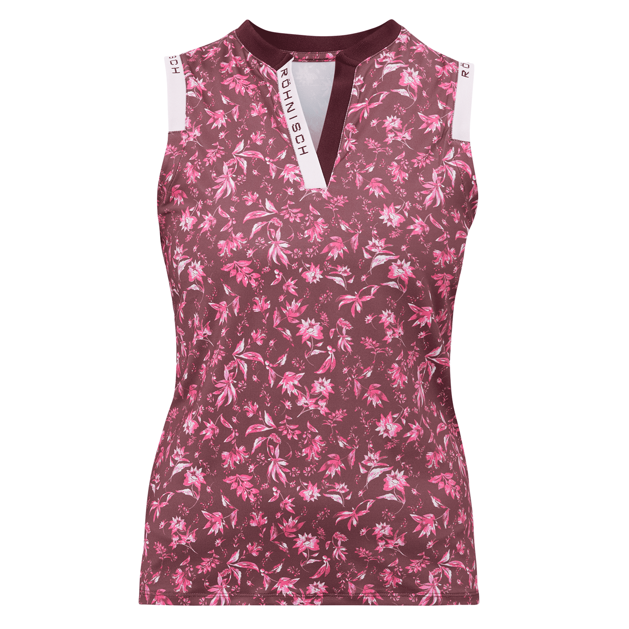 Polo de golf Röhnisch Abby pour femme, motif floral fluo, rose, sans manches, taille L