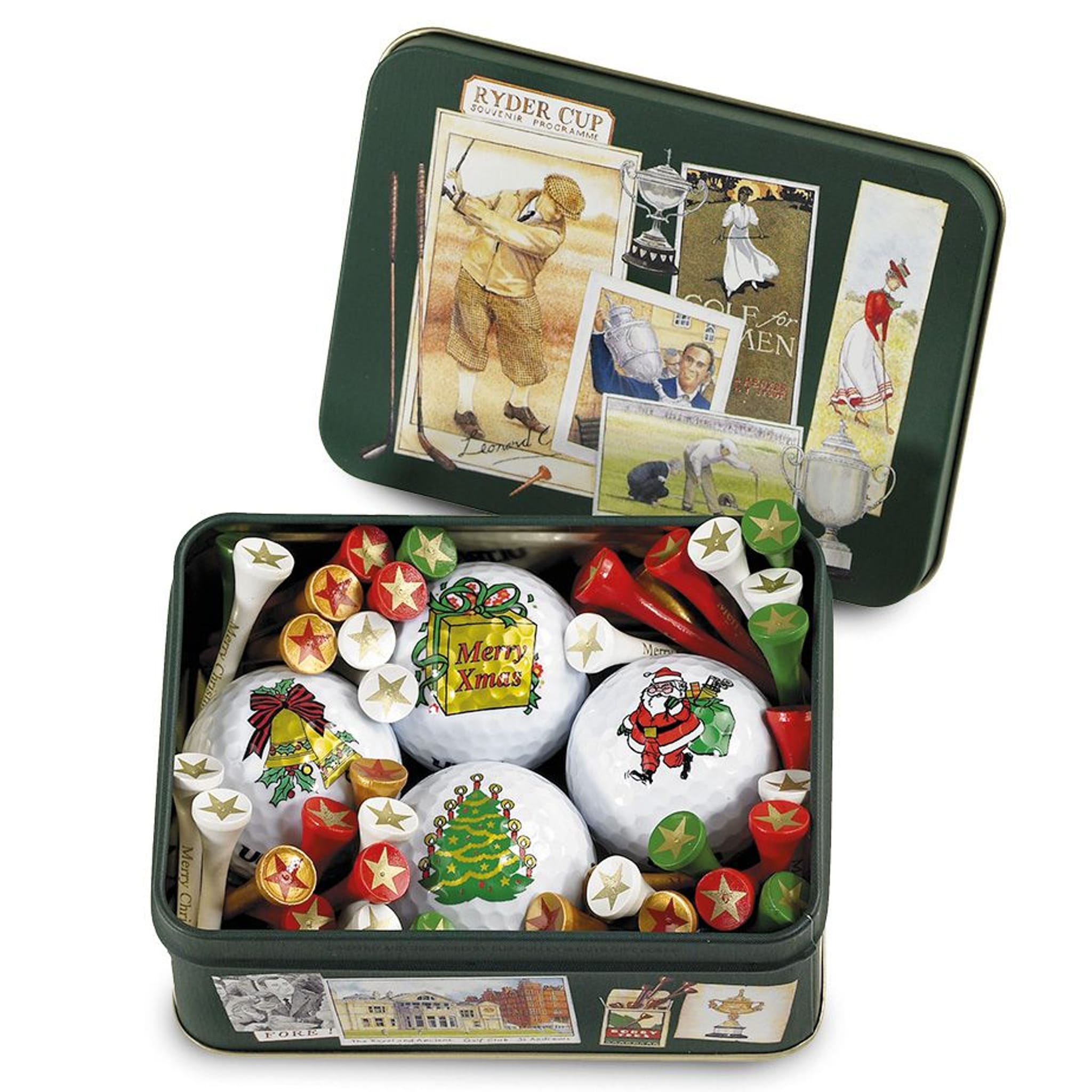 Boîte décorative Sportiques Golf Gifts avec 4 boules de Noël et environ 50 tees